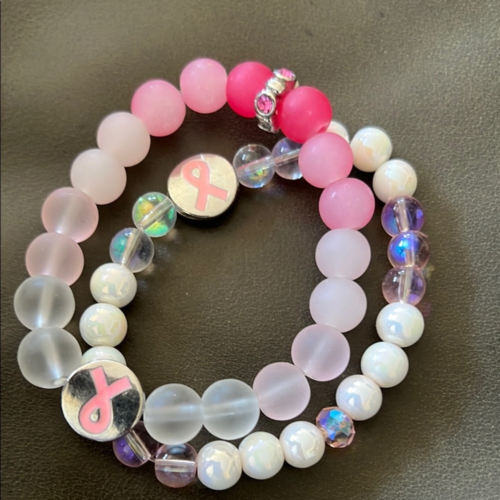 Pink and White Beaded Bracelet Set with Free Keychain